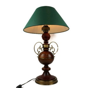 Antique French Table Lamp, Vintage Table Lamp With Green Shade and Wooden Base