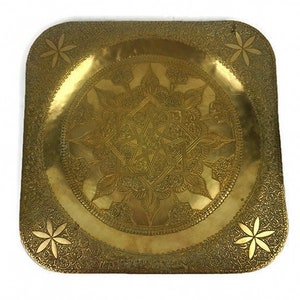 Vintage Brass Tray, Antique Serving Tray, Large Engraved Brass Tray