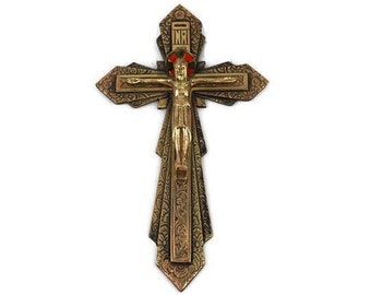 Vintage Brass Jesus Cross Crucifix, Antique Catholic Brass Crucifix, Wall Hanging Brass Crucifix
