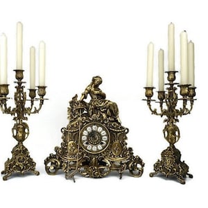 Antique Mantel Clock With Candle Holders, Art Nouveau Mantel Table Clock With Pair Candlesticks