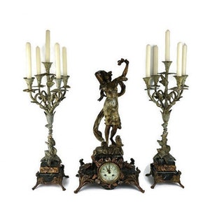 Antique Mantel Clock With Candle Holders, 19th Century Mantel Clock With Candlesticks France, 1800s French Mantel Clock Set