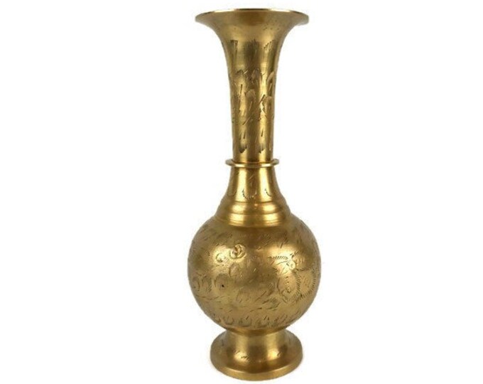 Vintage Brass Engraved Vase Etsy