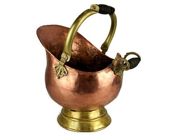Antique Large Copper Planter, Copper Fireplace Coal Bucket With Wooden Handles, Vintage Copper Jardiniere