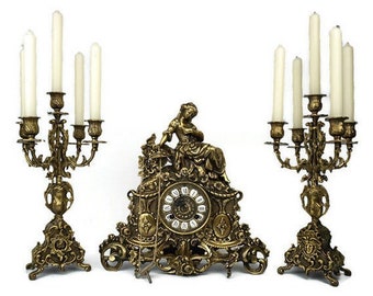 Antique Mantel Clock With Candle Holders, Art Nouveau Mantel Table Clock With Pair Candlesticks