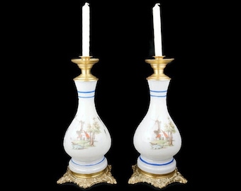 Antique Candle Holder Set, Vintage Pair Glass Candlesticks with Brass Ornate, Handpainted Glass Candle Holder Set with Brass Decoration