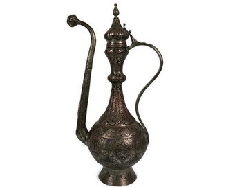 19th Century Ottoman Pitcher, Handmade Large Copper Jug, Engraved Copper Ewer, Antique Islamic Pitcher