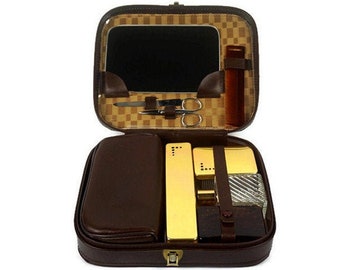 Vintage Toiletry Travel Set With Original Leather Case, Leather Toiletry Kit