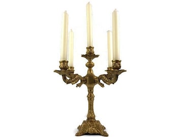 19th Century Brass Candle Holder 5 Candles, Antique Brass Candlestick, 1800s Brass Candelabra