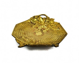 Antique Cast Brass Jewelry Tray, Vintage Brass Jewelry Tray, Brass Embossed Ring Dish, Brass Key tray
