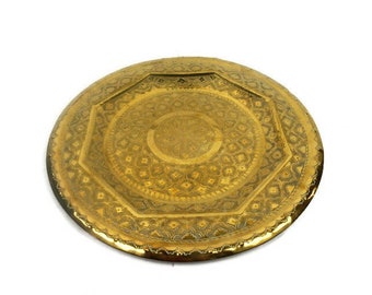 Vintage Handmade Brass Tray, Antique Serving Tray, Large Hand Engraved Brass Tray