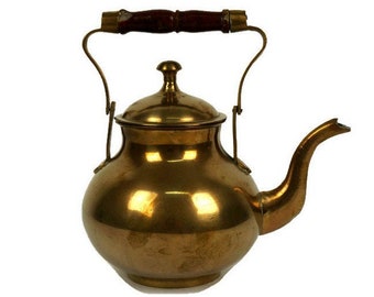 Vintage Solid Brass Tea Pot With Wooden Handle