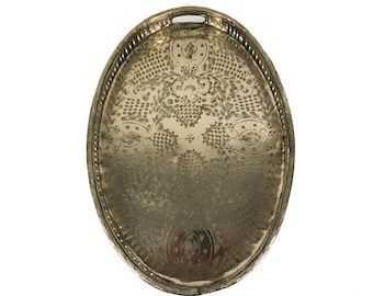 Vintage Silver Plated Engraved Tray With Handles and Legs, Large Silver Plated Tray With Legs and Handles