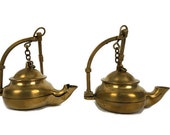 Antique French Oil Lamp, Vintage Pair Hanging Miners Lamp, Hanging Brass Betty Lamps Set France