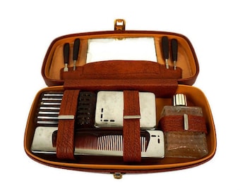 Vintage Toiletry Travel Set With Original Leather Case, Leather Toiletry Kit