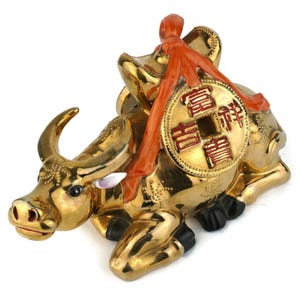 Vintage Handpainted Ceramic Buffalo Figurine China, Gold Chinese Ceramic Buffalo Figurine