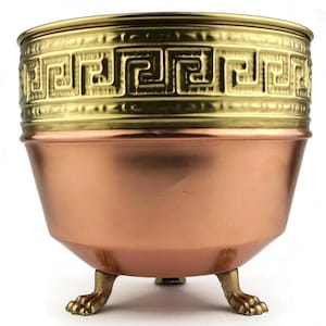 Vintage English Copper Planter, Handmade Copper Jardiniere, Cast Brass Lion Paw Legs, Embossed Ornate
