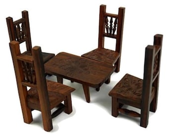 Vintage Carved Wooden Dollhouse Set, Miniature Dollhouse Table Chairs Set, Dollhouse Miniature Furniture