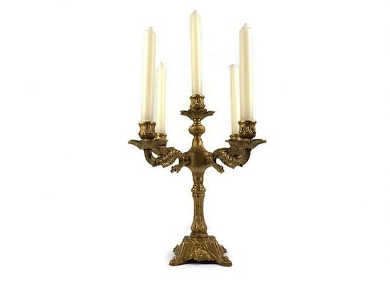 19th Century Brass Candle Holder 5 Candles, Antique Brass