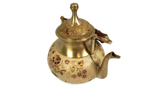 Vintage Solid Brass Tea Pot, Painted Brass Teapot 