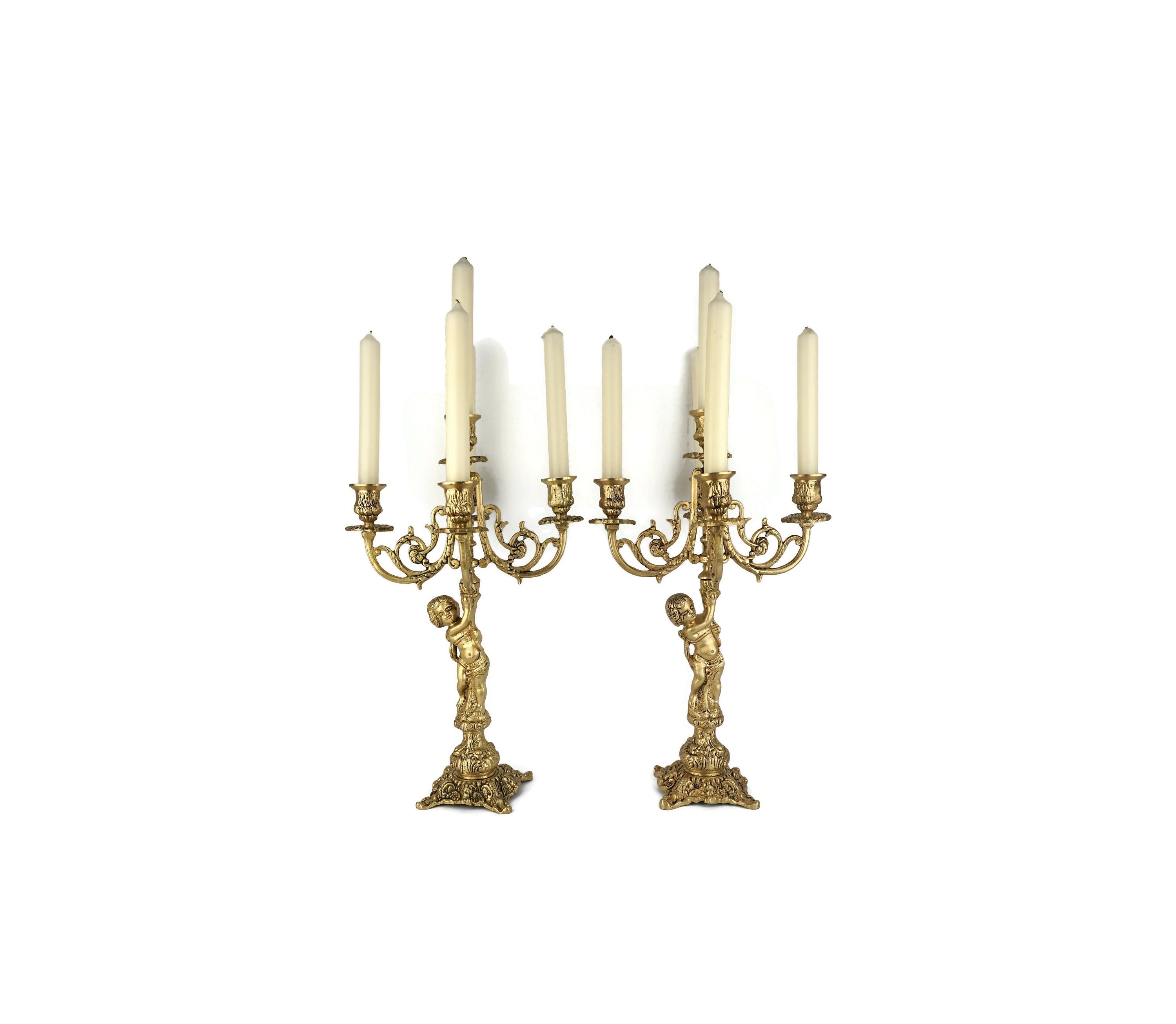 19th Century Candle Holders 5 Candles, Antique Brass Candlesticks Set