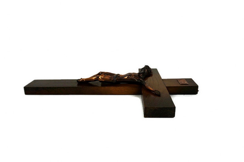 ヴィンテージ木製イエス十字架十字架像、アンティークカトリック壁掛け
