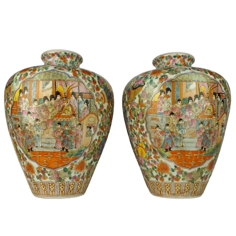 Antique Chinese Vases, Chinese Ceramic Vases Set, Handpainted Chinese Vases, Large Chinese Vases image 1