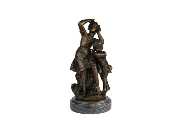 アンティーク ブロンズ像、フランスのブロンズ彫刻の少女と少年