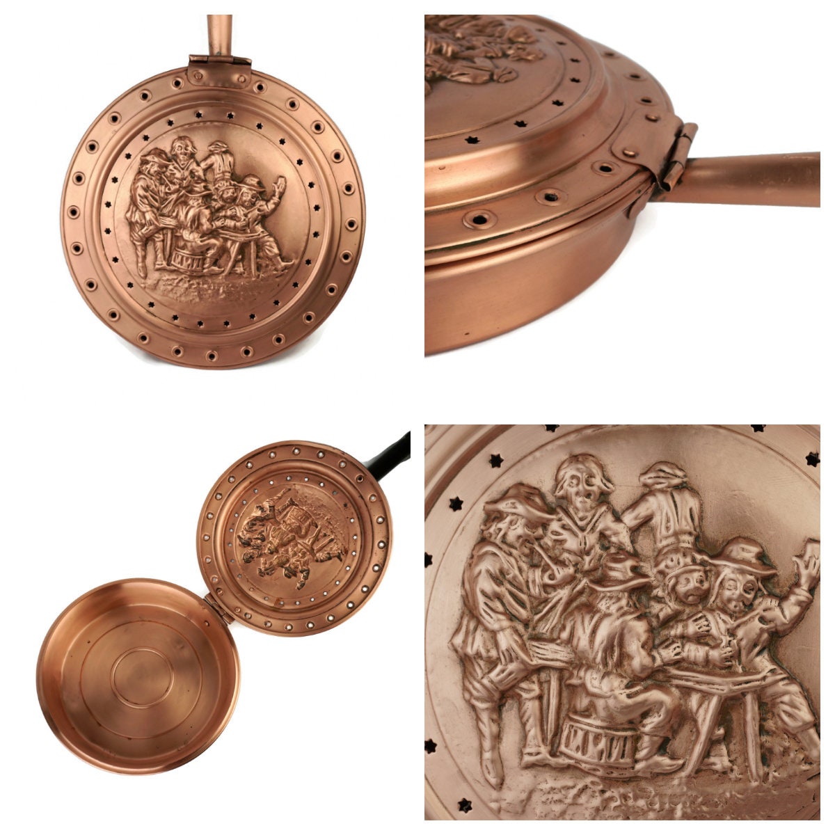♥️アンティークベッドウォーマー(寝床を温める道具)フランス又はイタリア銅製 Antique Copper Bed Warmer, French Copper Bed Warmer With Wooden