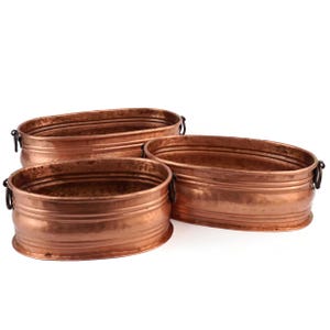 Jardineira de cobre antiga com alças de gancho, conjunto de 3 vasos de cobre vintage com alças de gancho duplo