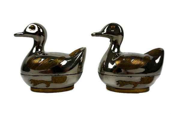 Pair Metal Jewelry Box Duck Figurine, Vintage Met… - image 10