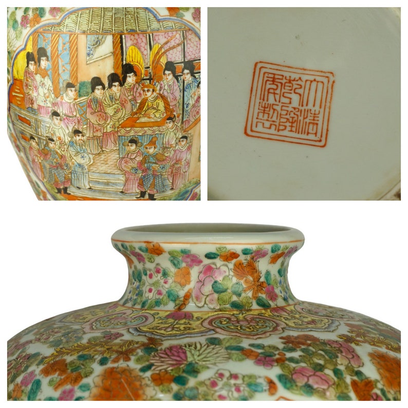 May include: A large, round, white porcelain vase with a floral pattern in shades of pink, green, and yellow. The vase has a wide mouth and a narrow neck. The vase is decorated with a scene of people in traditional Chinese clothing. The vase has a red seal on the bottom with Chinese characters.