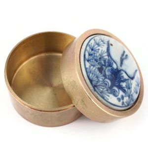 Vintage Brass Pill Box, Round Pill Box With Ceramic Lid