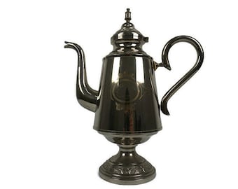Tetera vintage de metal grabado, jarra de metal grabado con tapa