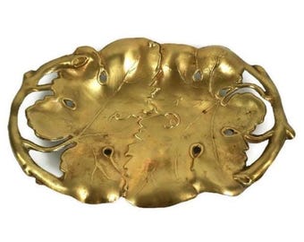 Antique Cast Brass Jewelry Tray, Vintage Brass Oval Jewelry Tray, Brass Embossed Ring Dish, Brass Key tray