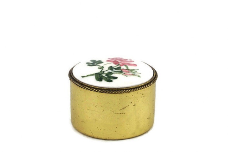 Vintage Brass Pill Box French Round Pill Box With Ceramic Lid Etsy