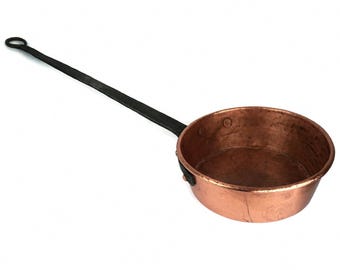 Antique French Copper Pan With Wrought Iron Handle, French Primitive Copper Pan
