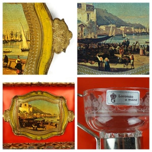 May include: A set of three vintage Italian serving trays with gold painted edges and a hand-painted scene of a harbour with boats. The trays are made of wood and have a red felt lining. The trays are labelled "Lavoro a mano" which means "handmade".