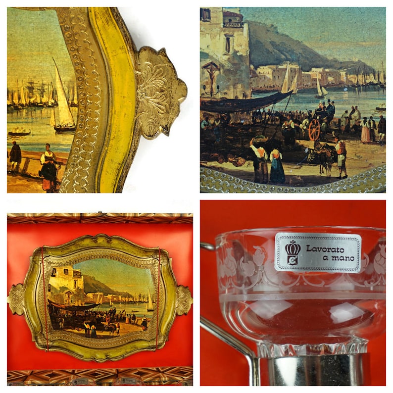 May include: A set of three vintage Italian serving trays with gold painted edges and a hand-painted scene of a harbour with boats. The trays are made of wood and have a red felt lining. The trays are labelled "Lavoro a mano" which means "handmade".