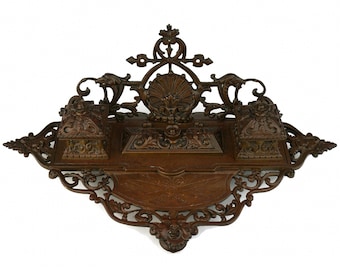 19th Century Bronze Inkwell, Antique Bronze Inkwell by A Crokaert Bruxelles Nord