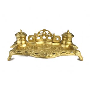 Antique Brass Inkwell, Table Decor, Office Decor, 19th Century Inkwell