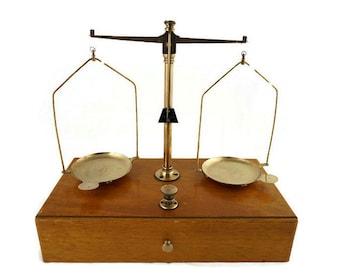 French Large Balance Scale and Original Wooden Box, Wooden Brass Balance Scale, Antique Balance Scale France