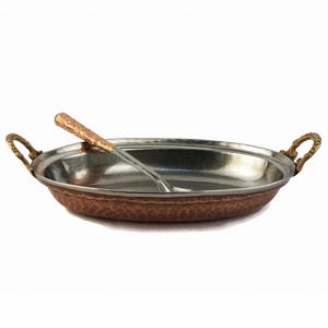 Vintage Copper Cooking Pan With Spoon, Handmade Cooking Copper Pan With Brass Handles, Copper Cookware, Hand Hammered Cooking Copper Pan