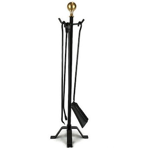 Vintage Large Iron Fireplace Tool Set With Brass Decoration