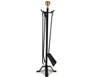 Vintage Large Iron Fireplace Tool Set With Brass Decoration
