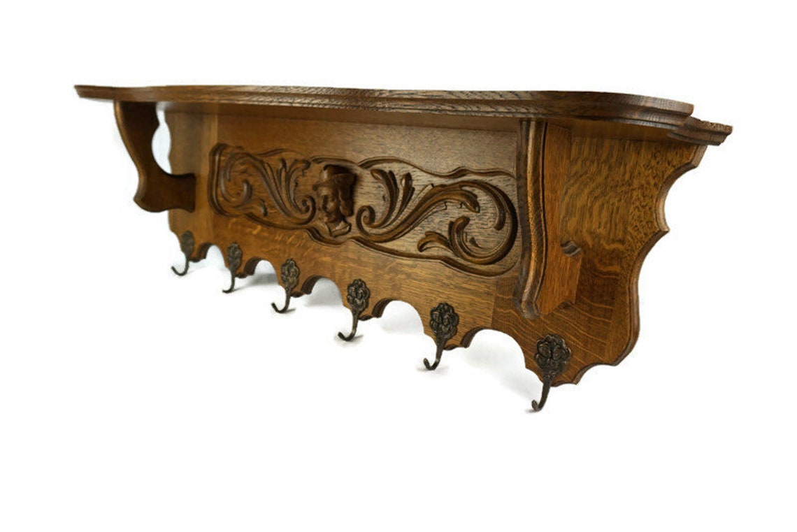 Vintage Carved Coat Rack Wooden Large Coat Rack With Brass Etsy