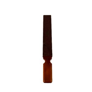May include: A brown and black metal file with a wooden handle.