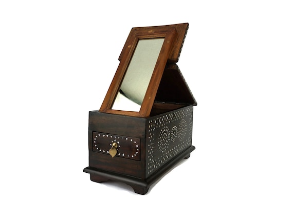 Antique Wooden Jewelry Box With Mirror, Wooden Jewelry Box, Vintage Organizer Jewelry Box, Large Jewelry Box
