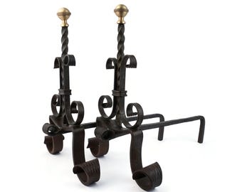 19e-eeuwse Franse haardbokken met koperen decoratie, vintage haardbokken Frankrijk, ijzeren vuurkorfstandaards