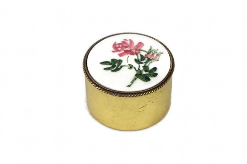 Vintage Brass Pill Box French Round Pill Box With Ceramic Lid Etsy
