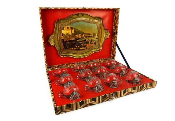 Vintage Italian Cup Set of 12 With Florentine Tray and Original Box, Handmade Florentine Dining Set, Handpainted Florentine Tray